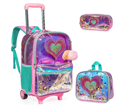 Trolley School Bag Set With Lunch Bag Rolling Backpack for Girls Kids Rolling Backpack with wheels Roller Bookbag with Wheels