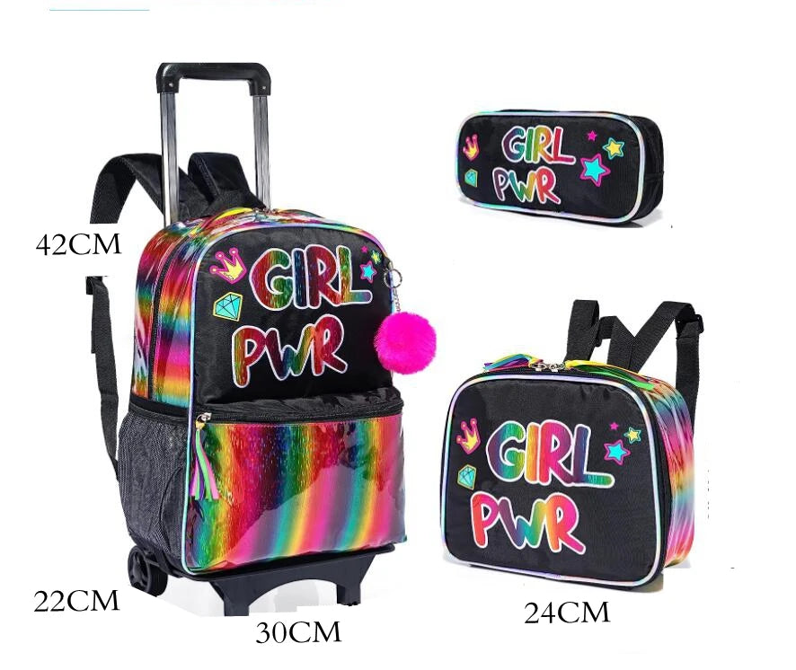 Trolley School Bag Set With Lunch Bag Rolling Backpack for Girls Kids Rolling Backpack with wheels Roller Bookbag with Wheels