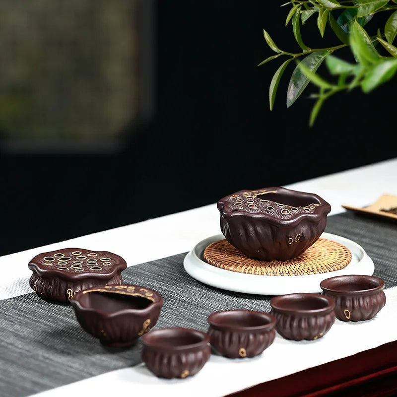 True tea set suit pure manual yixing purple sand of a complete set of kung fu tea lotus filtering small fair mug