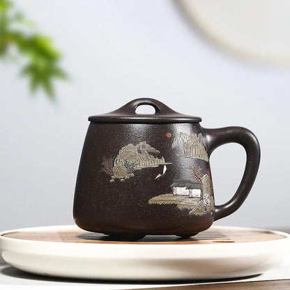 True yixing famous pure manual purple sand cup lid boss cup tea cup painted black mud mud stone gourd ladle cup