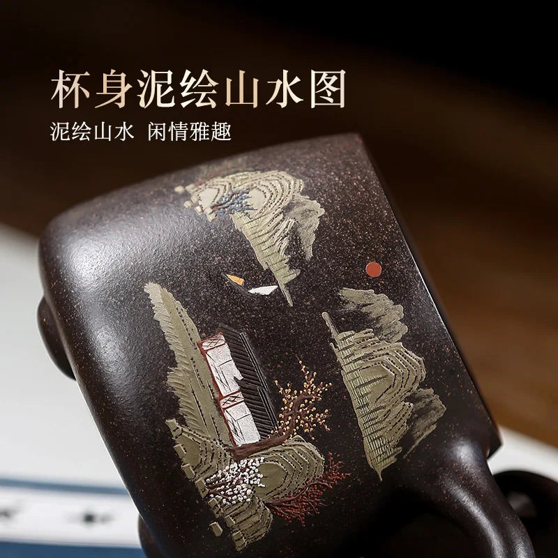 True yixing famous pure manual purple sand cup lid boss cup tea cup painted black mud mud stone gourd ladle cup