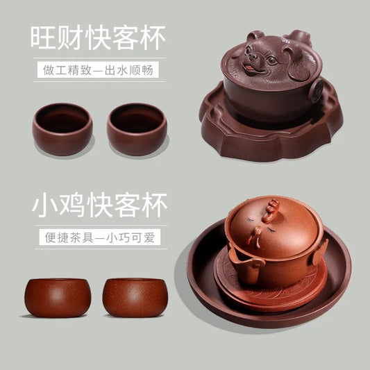 True yixing purple sand crack cup office prosperous wealth dog tureen suit portable kung fu travel tea set the teapot