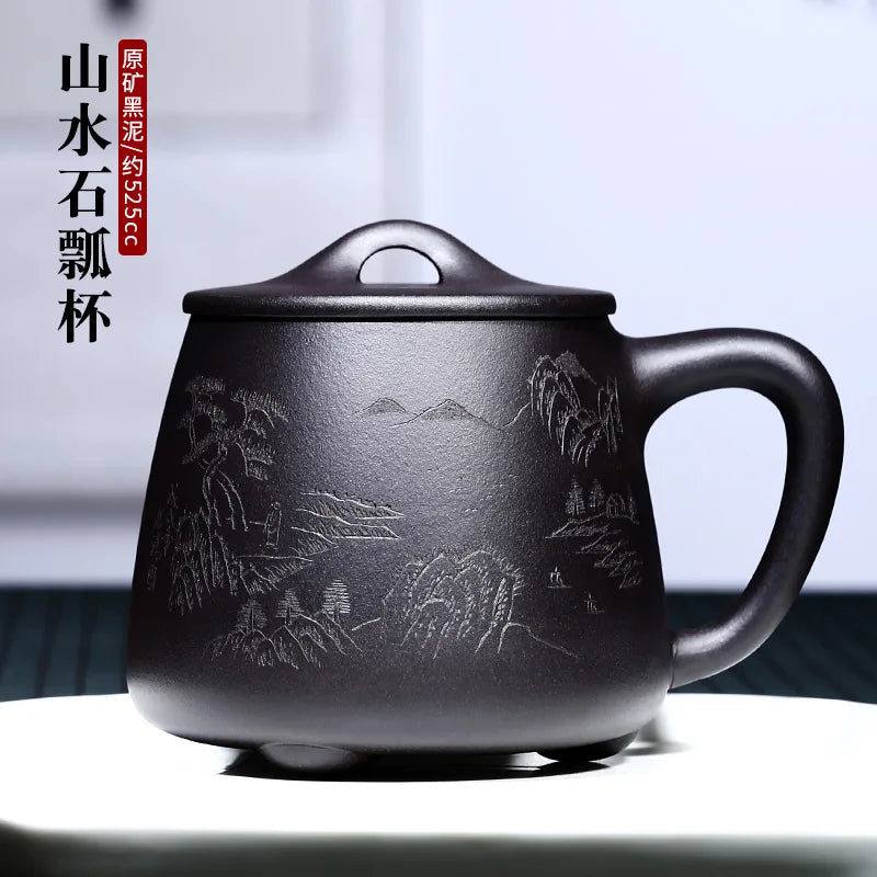 True yixing purple sand cup pure manual cover cup tea cup office engraving landscape stone gourd ladle cup a cup of tea