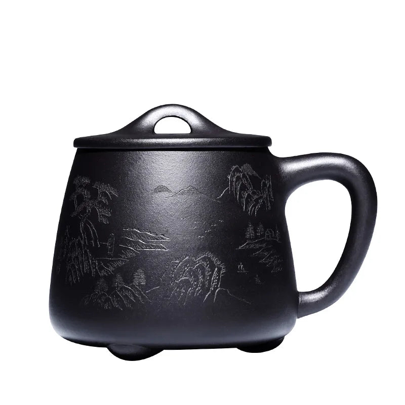 True yixing purple sand cup pure manual cover cup tea cup office engraving landscape stone gourd ladle cup a cup of tea