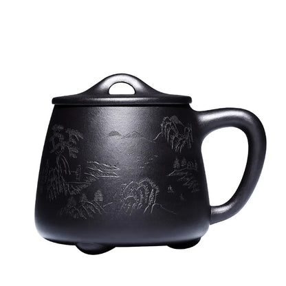 True yixing purple sand cup pure manual cover cup tea cup office engraving landscape stone gourd ladle cup a cup of tea