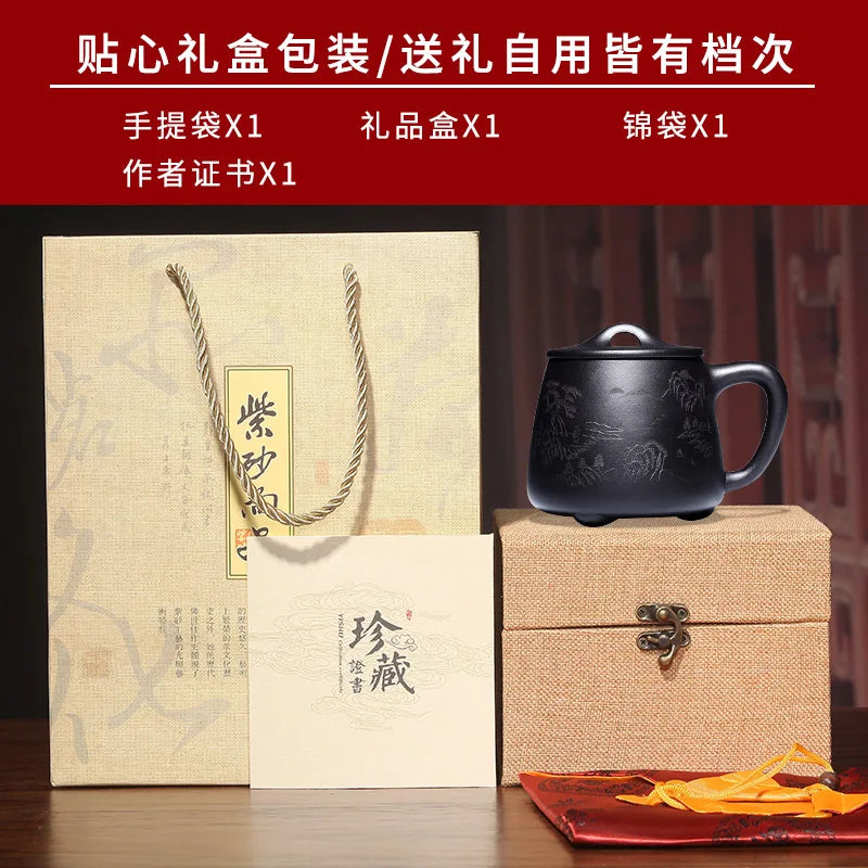 True yixing purple sand cup pure manual cover cup tea cup office engraving landscape stone gourd ladle cup a cup of tea