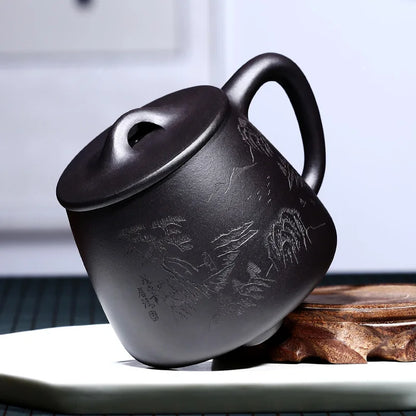 True yixing purple sand cup pure manual cover cup tea cup office engraving landscape stone gourd ladle cup a cup of tea