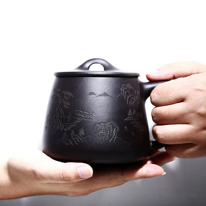 True yixing purple sand cup pure manual cover cup tea cup office engraving landscape stone gourd ladle cup a cup of tea