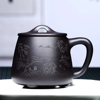 True yixing purple sand cup pure manual cover cup tea cup office engraving landscape stone gourd ladle cup a cup of tea