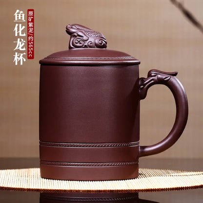 True yixing purple sand cup pure manual purple cover cup tea cup tea set gift office cup fish dragon cup