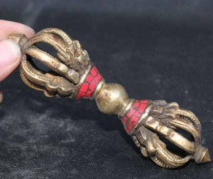 [Tua Kerajinan] Tibet Buddha Turquoise Bronze Gilt Belati Phurba Belati Pemegang