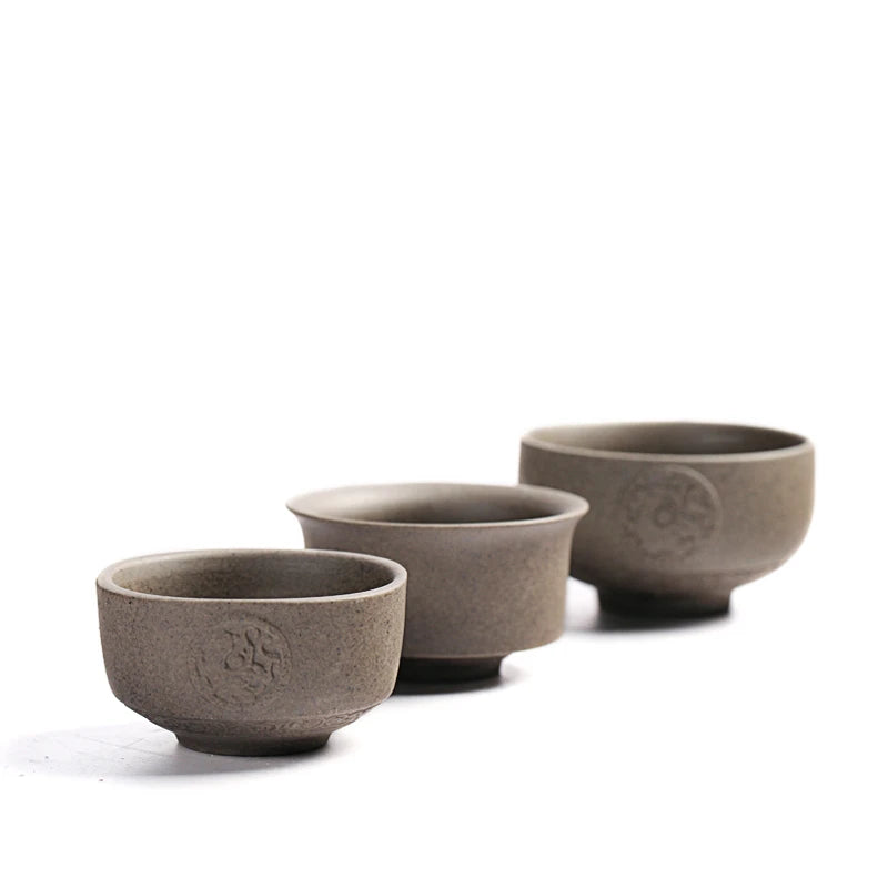 Two cup crude pottery kungfu tea cup dragon relief carved master cup of tea 45ml / 50ml / 80ml personal tea coffee cup on sales