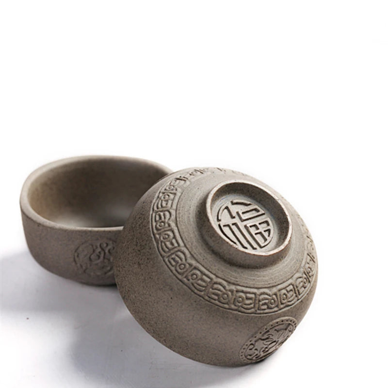 Two cup crude pottery kungfu tea cup dragon relief carved master cup of tea 45ml / 50ml / 80ml personal tea coffee cup on sales