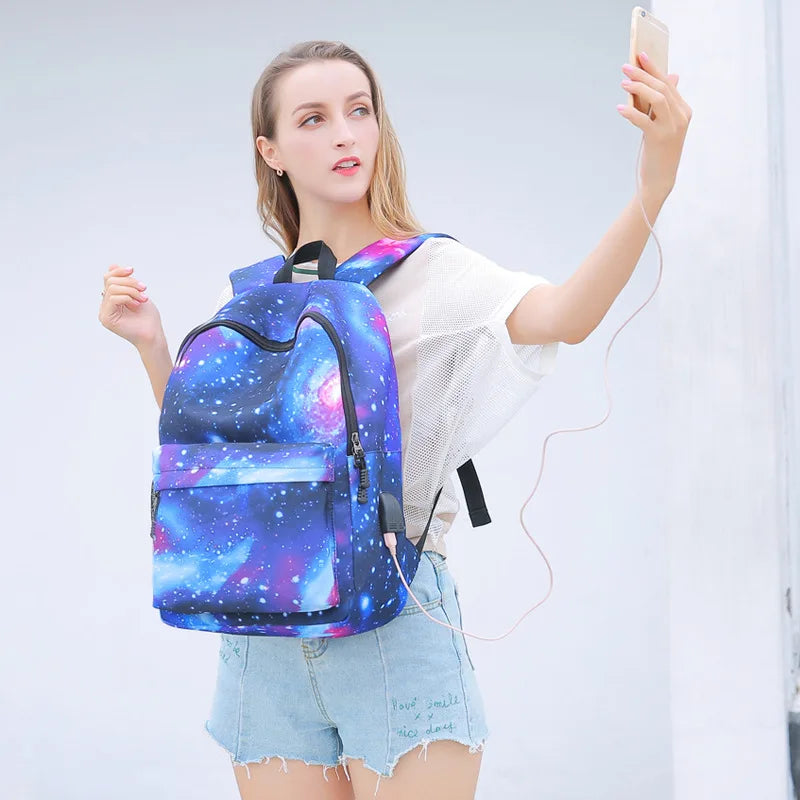 USB Charging School Bag Multicolor Backpack Space Printing Backpacks for Teenager Men Women Starry Sky Backpack mochila mujer