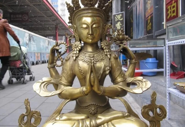 USPS to USA S2971 Tibet Buddhism exquisite Brass Four Arm Avalokitesvara Guan Yin Buddha statuary