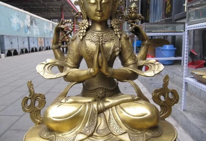 USPS to USA S2971 Tibet Buddhism exquisite Brass Four Arm Avalokitesvara Guan Yin Buddha statuary