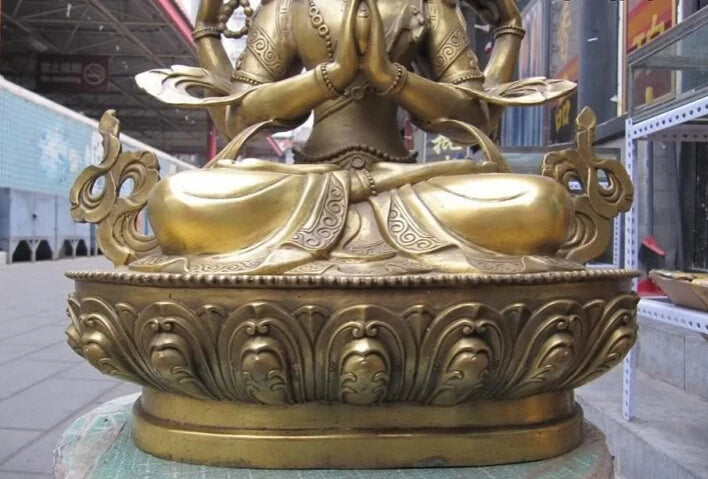 USPS to USA S2971 Tibet Buddhism exquisite Brass Four Arm Avalokitesvara Guan Yin Buddha statuary