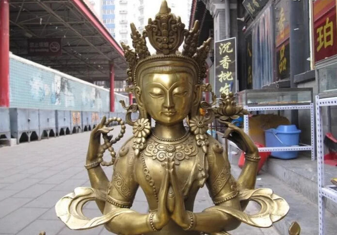 USPS to USA S2971 Tibet Buddhism exquisite Brass Four Arm Avalokitesvara Guan Yin Buddha statuary