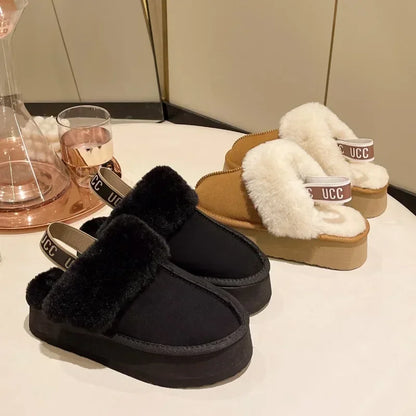 Uggs 2023 New Leather Women Fashion Winter Indoor Solid Color Suede Fur Slippers Ladies Home Platform Warm Slip-on Women’s Shoes