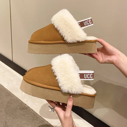 Uggs 2023 New Leather Women Fashion Winter Indoor Solid Color Suede Fur Slippers Ladies Home Platform Warm Slip-on Women’s Shoes