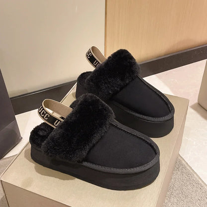 Uggs 2023 New Leather Women Fashion Winter Indoor Solid Color Suede Fur Slippers Ladies Home Platform Warm Slip-on Women’s Shoes