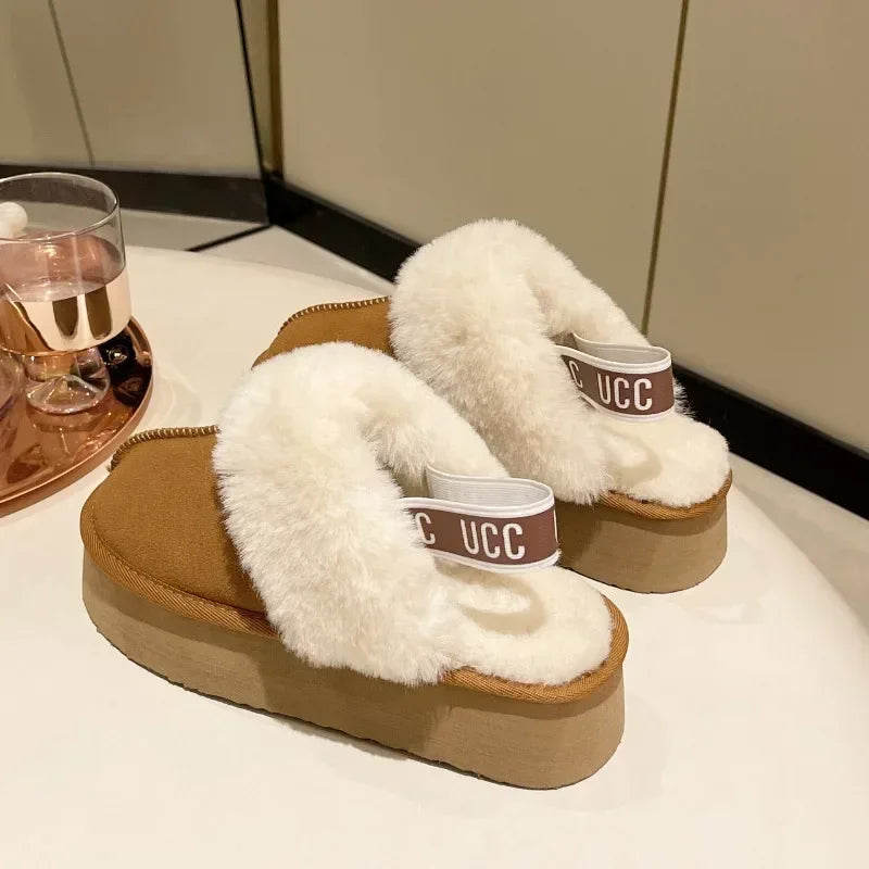 Uggs 2023 New Leather Women Fashion Winter Indoor Solid Color Suede Fur Slippers Ladies Home Platform Warm Slip-on Women’s Shoes
