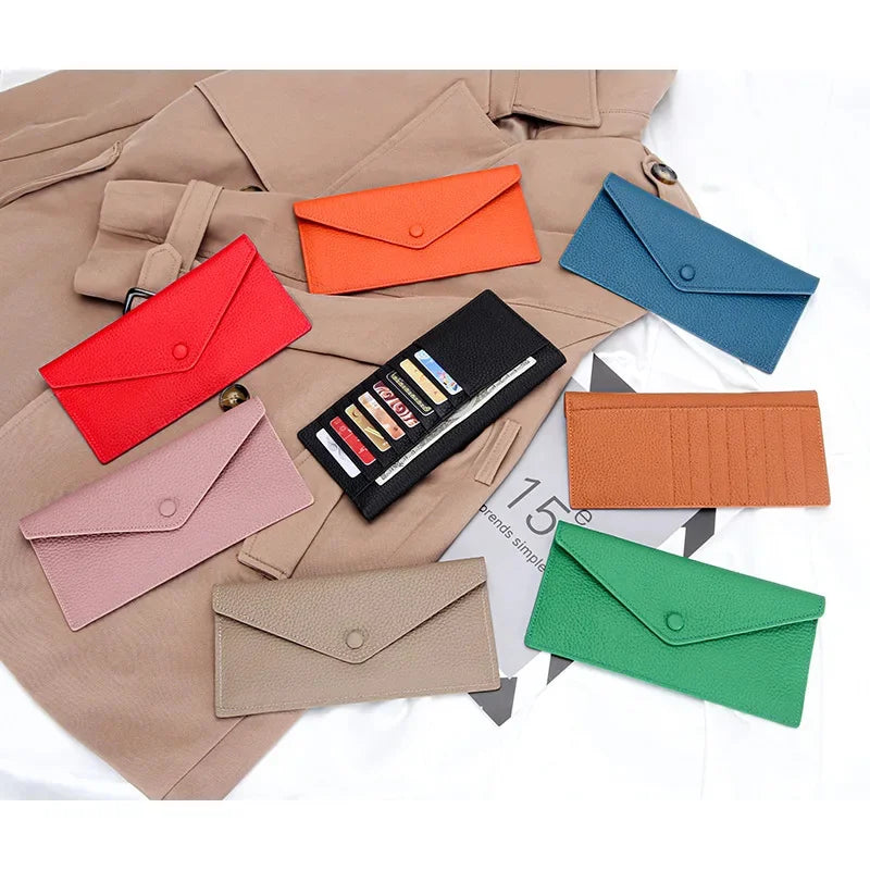 Ultrathin Women's Envelope Style Credit Card Holder Cute Cash Wallet for Ladies Genuine Leather Clutch Cellphone Bag
