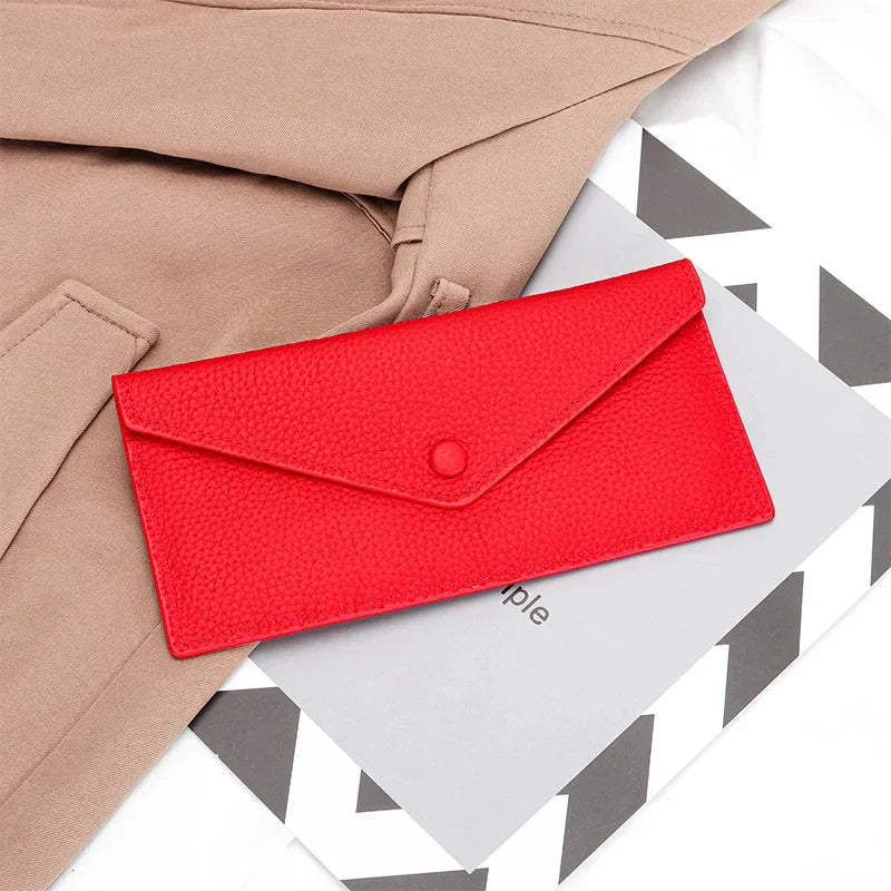 Ultrathin Women's Envelope Style Credit Card Holder Cute Cash Wallet for Ladies Genuine Leather Clutch Cellphone Bag