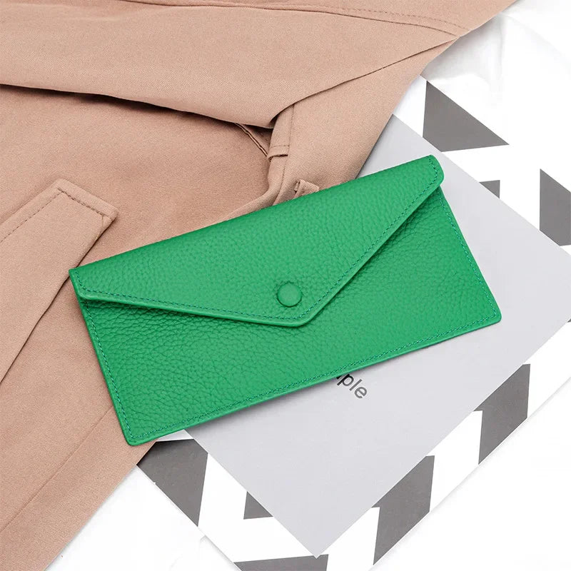 Ultrathin Women's Envelope Style Credit Card Holder Cute Cash Wallet for Ladies Genuine Leather Clutch Cellphone Bag