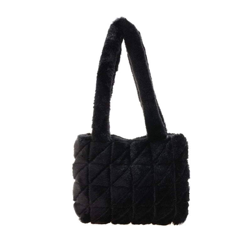 Underarm Bag Ladies Fluffy Shoulder Bag Women Lattice Pattern Purse Tote Bags for Autumn and Winter Top-handle Han