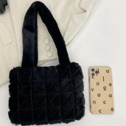 Underarm Bag Ladies Fluffy Shoulder Bag Women Lattice Pattern Purse Tote Bags for Autumn and Winter Top-handle Han