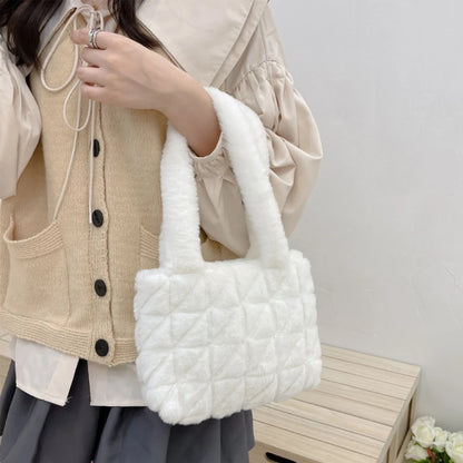 Underarm Bag Ladies Fluffy Shoulder Bag Women Lattice Pattern Purse Tote Bags for Autumn and Winter Top-handle Han