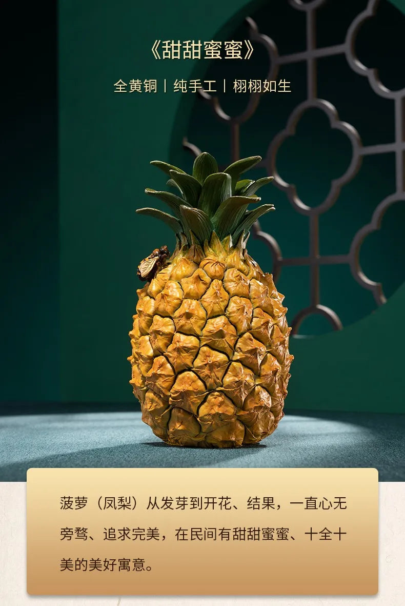 Unique 100% Pure handmade 3D bronze carving Auspicious GOOD LUCK Fruits Pineapple honeybee statue HOME BAR STORE decorative art
