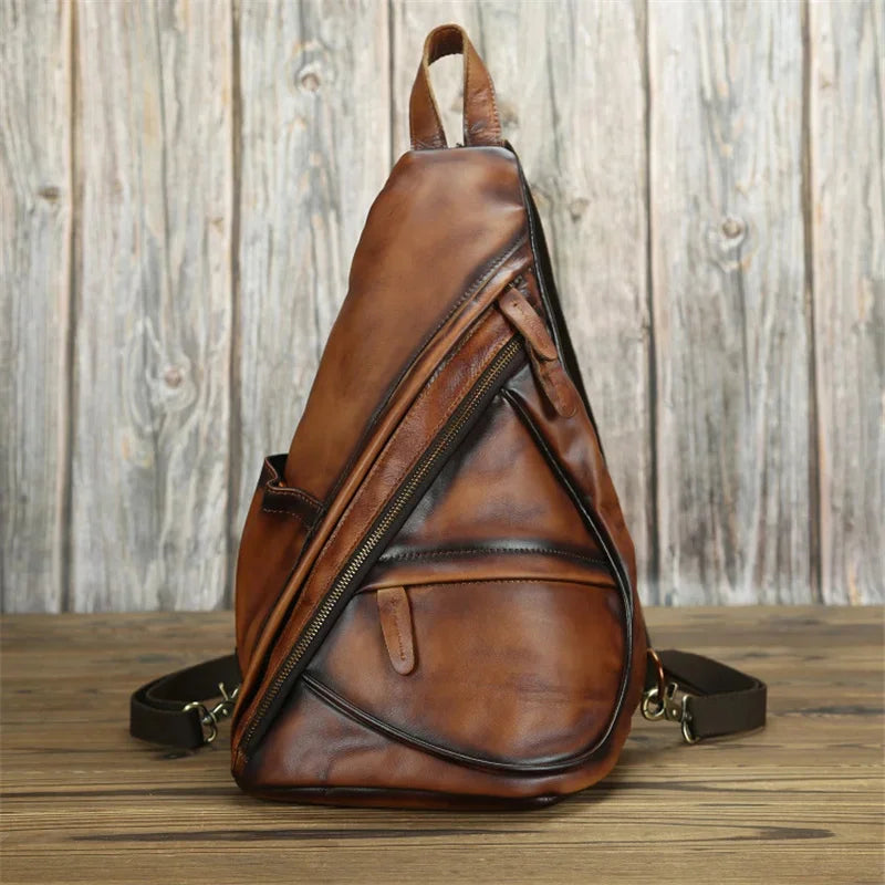 Unique Casual Genuine Leather Triangle Male Female Travlling Bagpacks For Ipad Small Backpack Portable Men Bags