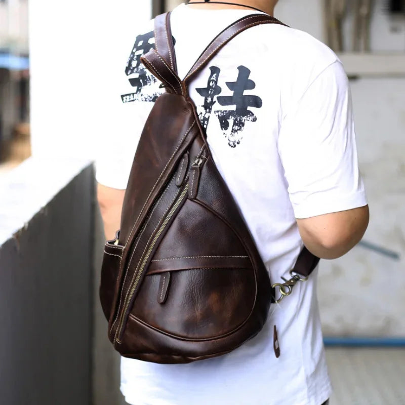 Unique Casual Genuine Leather Triangle Male Female Travlling Bagpacks For Ipad Small Backpack Portable Men Bags