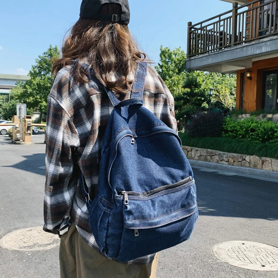 Unisex Fashion Blue Denim Fabric Backpack Large Capacity School Bags For Teenager Girls & Boys Neutral Wind Harajuku Travel Bag