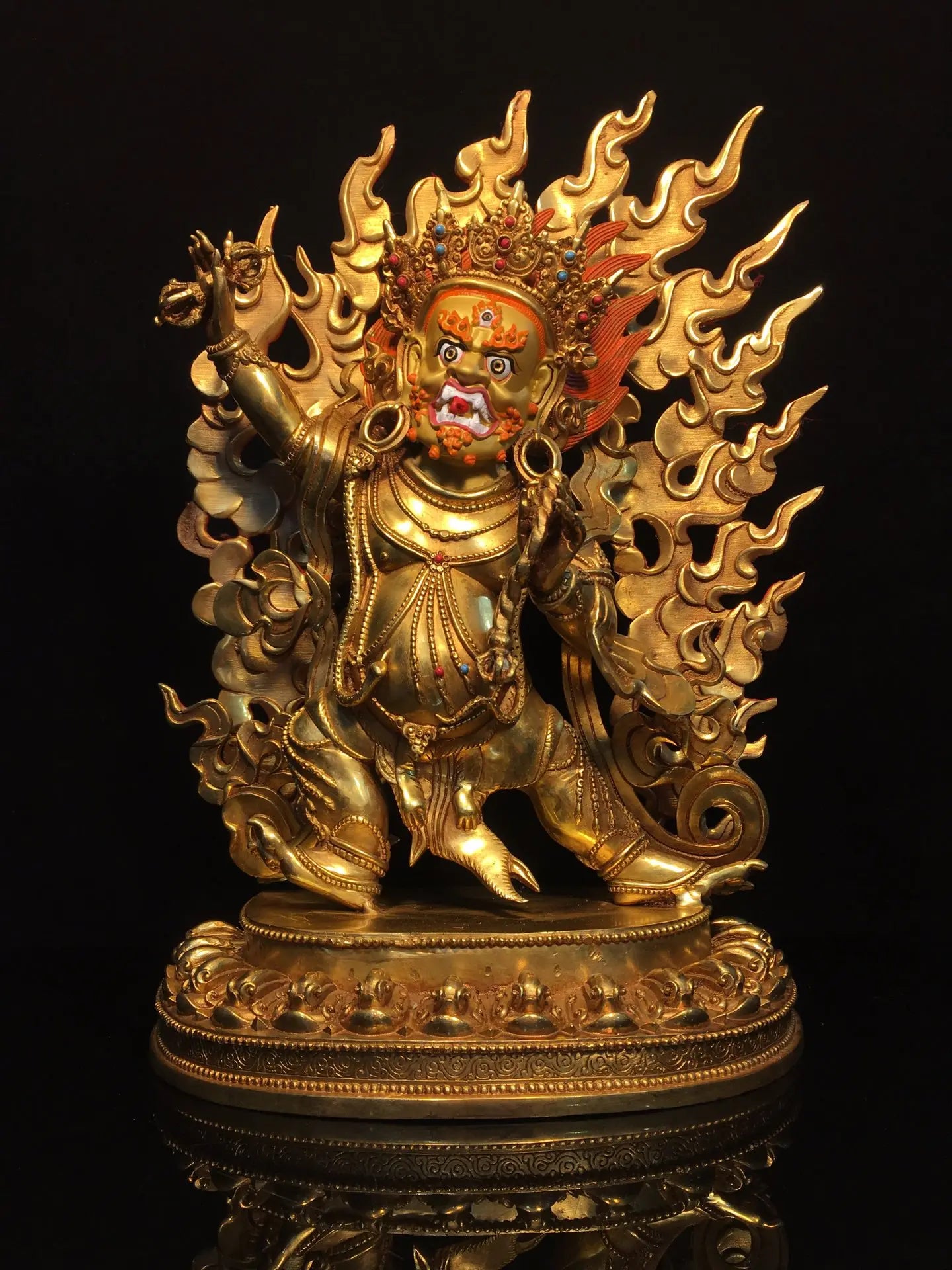 مجموعة معبد التبت ، لوحة سينابار ذهبية قديمة ، إضاءة خلفية Vajrapani Bodhisattva ، منصة لوتس ، قاعة العبادة ، 17"