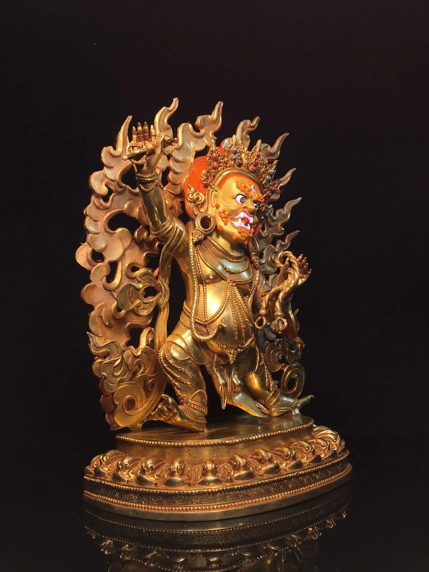 مجموعة معبد التبت ، لوحة سينابار ذهبية قديمة ، إضاءة خلفية Vajrapani Bodhisattva ، منصة لوتس ، قاعة العبادة ، 17"