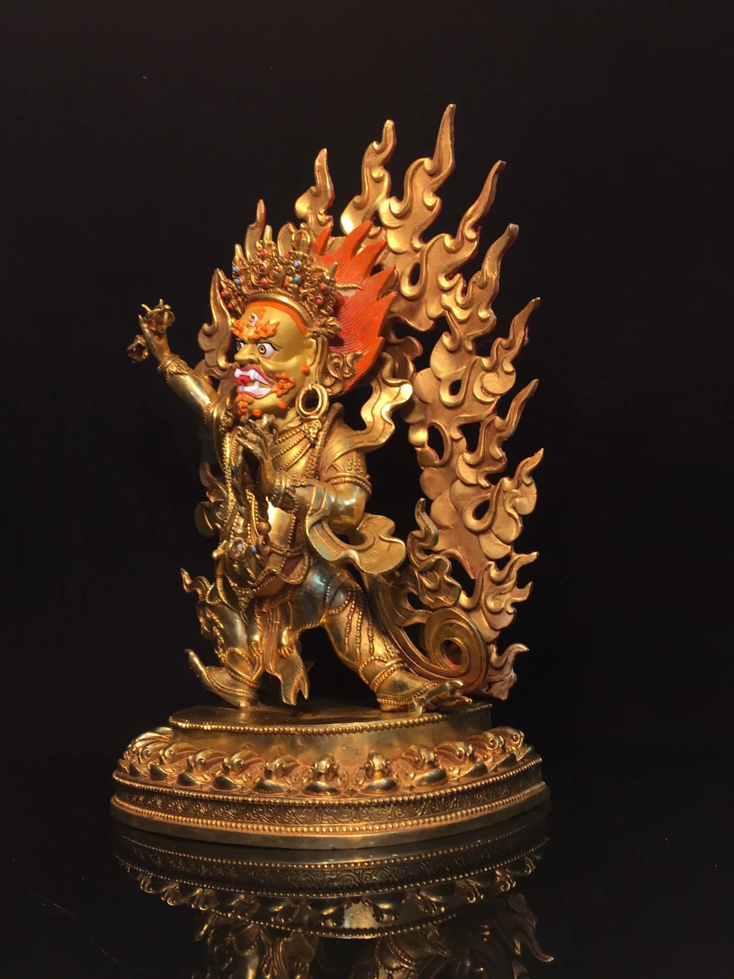 مجموعة معبد التبت ، لوحة سينابار ذهبية قديمة ، إضاءة خلفية Vajrapani Bodhisattva ، منصة لوتس ، قاعة العبادة ، 17"