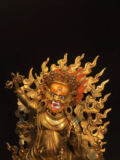 مجموعة معبد التبت ، لوحة سينابار ذهبية قديمة ، إضاءة خلفية Vajrapani Bodhisattva ، منصة لوتس ، قاعة العبادة ، 17"