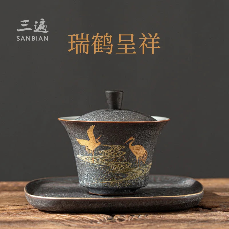 View Silver Spot Glaze Porcelain Gaiwan Large Three-Piece Tea Bowl Household Tea Maker Tea Cup Kung Fu Tea Set
