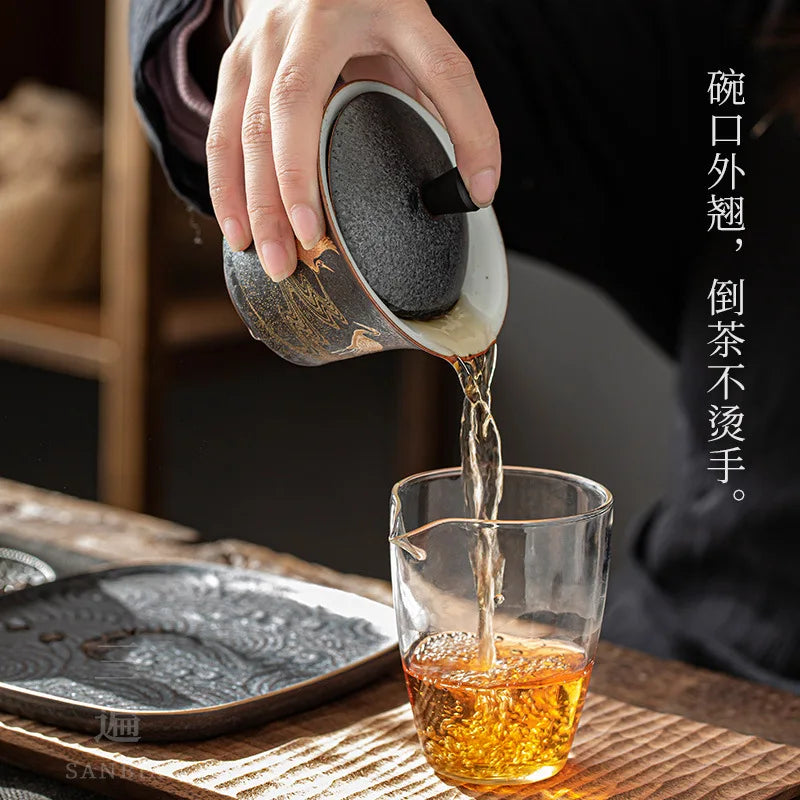 View Silver Spot Glaze Porcelain Gaiwan Large Three-Piece Tea Bowl Household Tea Maker Tea Cup Kung Fu Tea Set