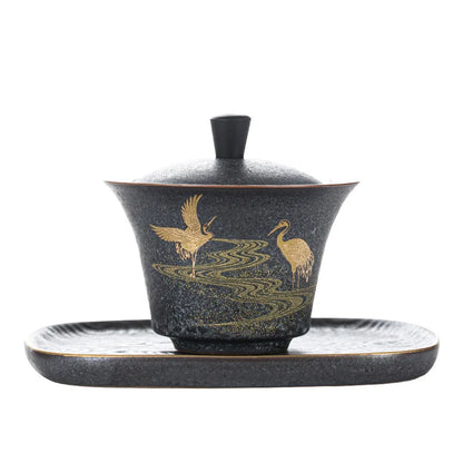 View Silver Spot Glaze Porcelain Gaiwan Large Three-Piece Tea Bowl Household Tea Maker Tea Cup Kung Fu Tea Set