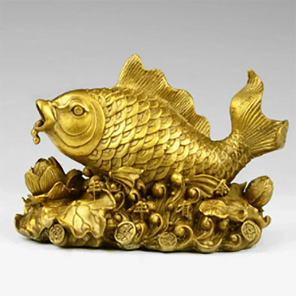 Vintage Asian Gilded Bronze Lucky Fish and Lotus Figurine Statue