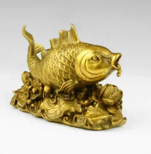 Vintage Asian Gilded Bronze Lucky Fish and Lotus Figurine Statue