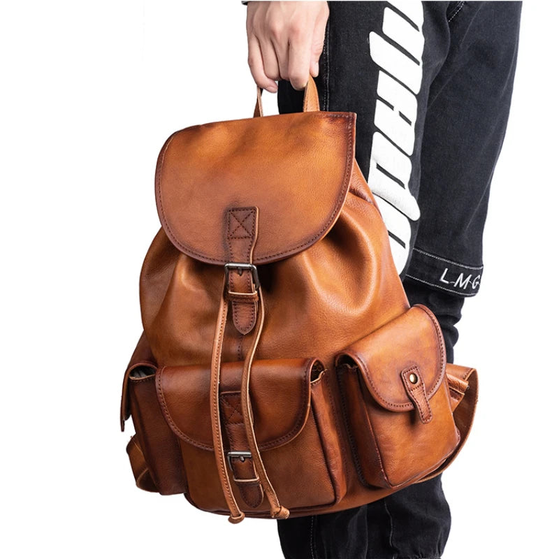 Vintage Backpack For Men Genuine Leather Casual Business Large Capacity Portable Travel Bags High Quality Luxury Bolsas Mujer