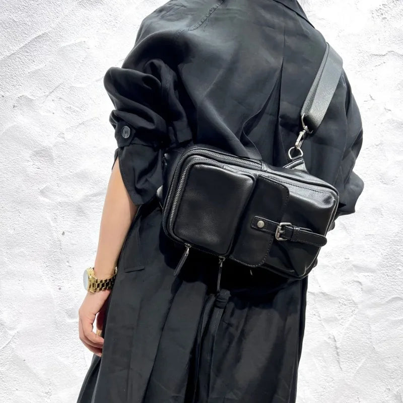 Vintage Black Unisex Shoulder Crossbody Bags 2024 Autumn New Cow Leather Bags Y2k E-Girl Zipper Square Women's Handbags Bolsos