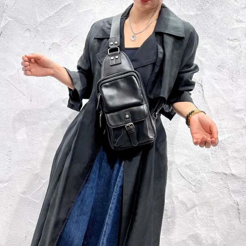 Vintage Black Unisex Shoulder Crossbody Bags 2024 Autumn New Cow Leather Bags Y2k E-Girl Zipper Square Women's Handbags Bolsos