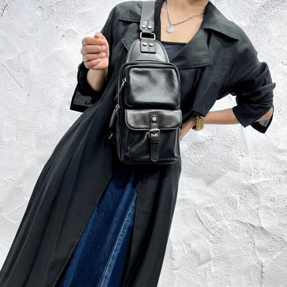 Vintage Black Unisex Shoulder Crossbody Bags 2024 Autumn New Cow Leather Bags Y2k E-Girl Zipper Square Women's Handbags Bolsos