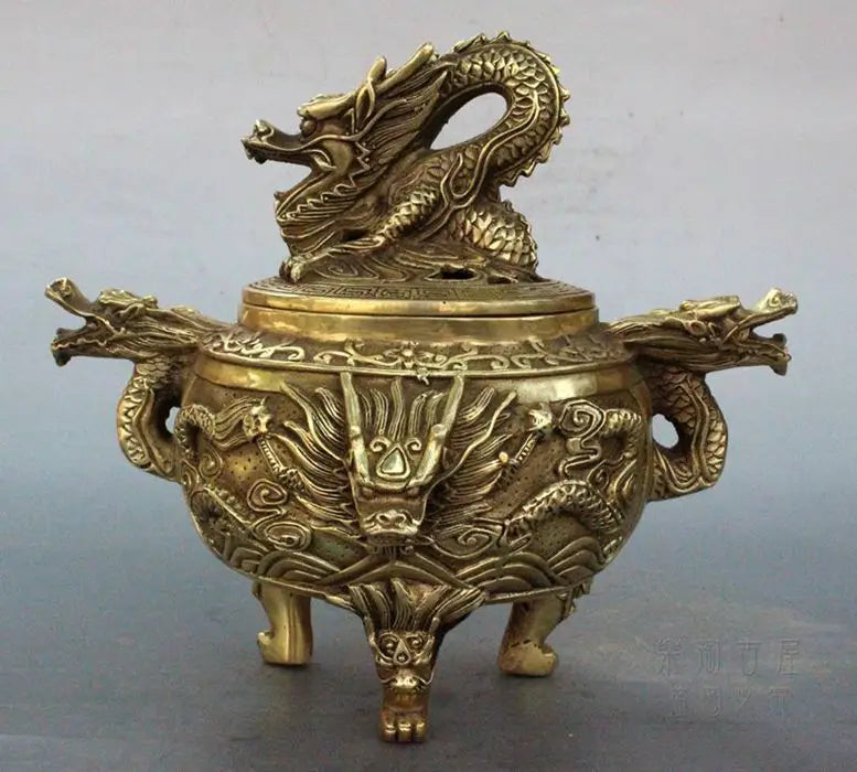 Vintage Brass Chinese Dragon Statue Incense Burner / Censer